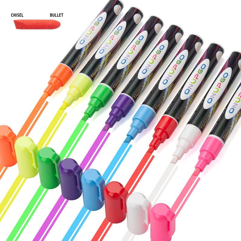 ONUPGO Liquid Chalk Markers, 8 Colors Chalk Pens for Blackboard, Chalkboard Signs, Glass Window, Graduation Celebration - Washable Wet & Dry Erasable Window Neon Chalk Maker for Cars - Image 2